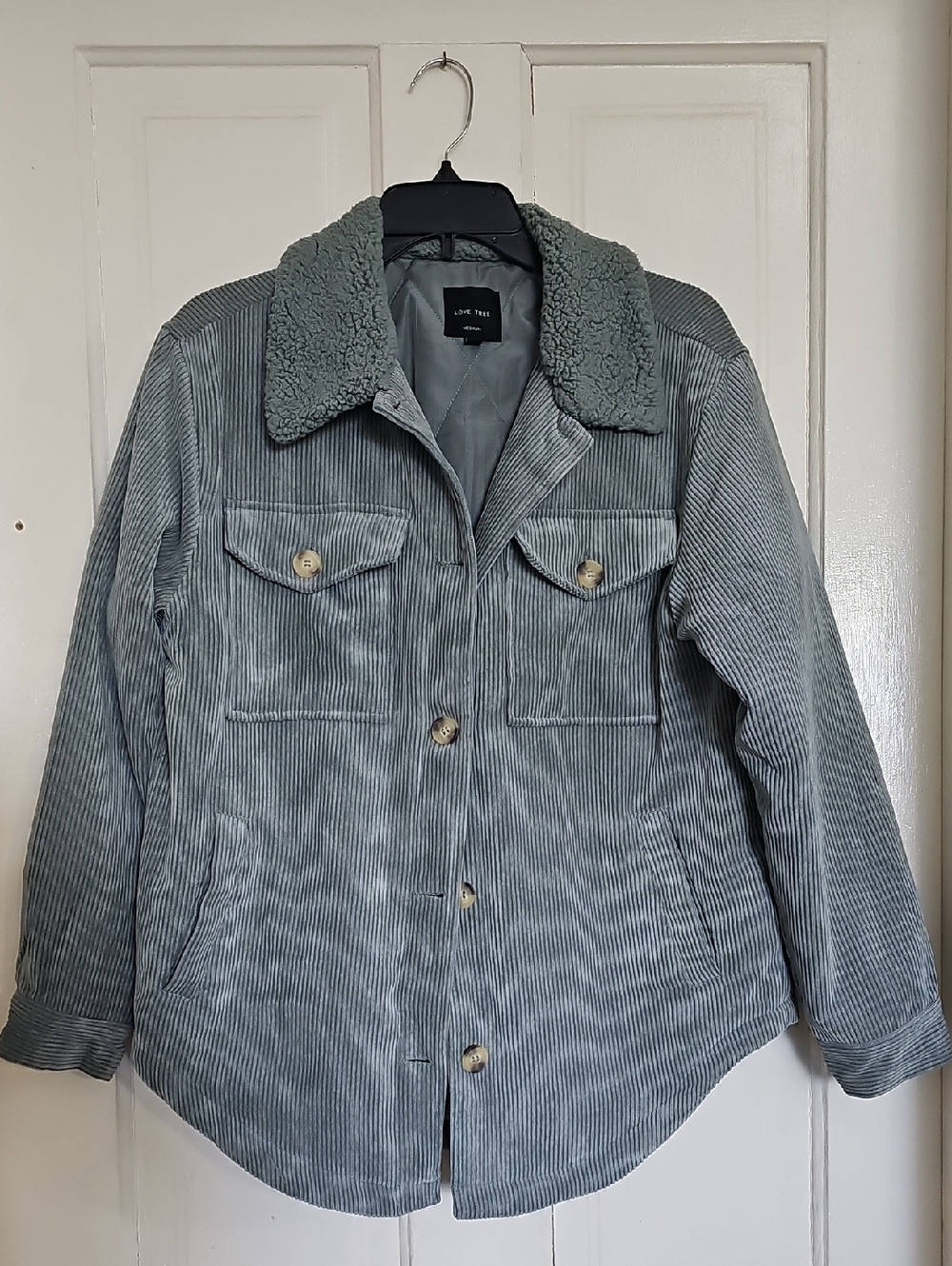 Love Tree Sage Green Corduroy Sherpa Collar Shacket